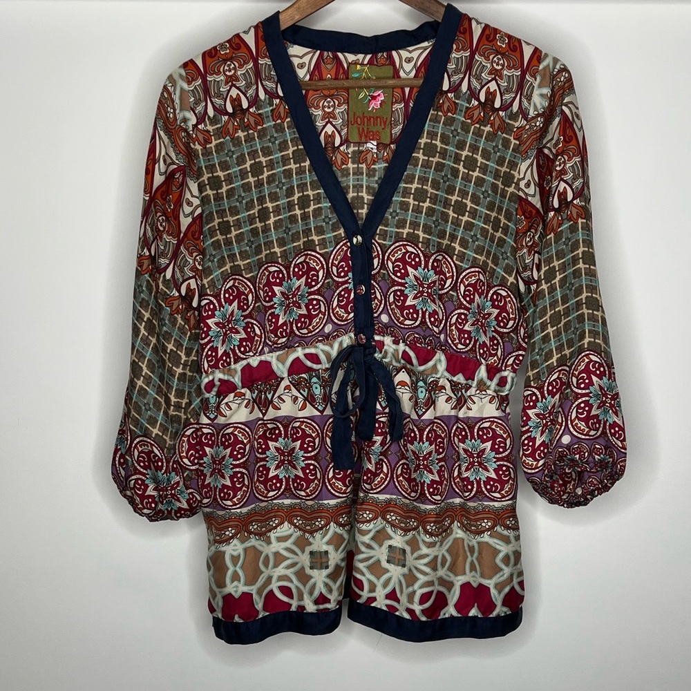 Johnny Was 100% Silk Boho Floral Blouse